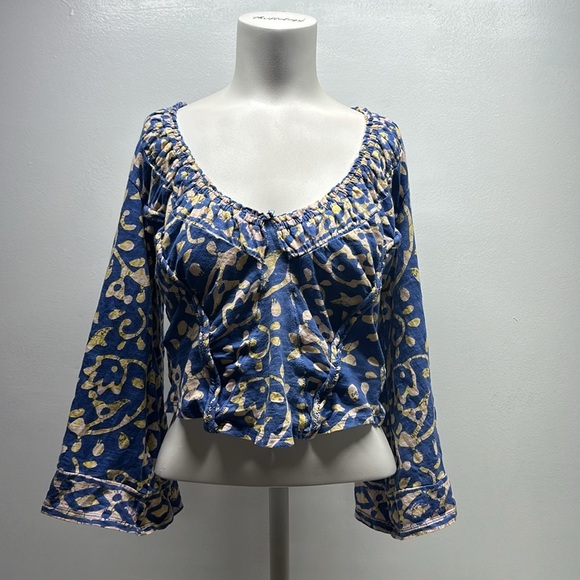 Free People On the Block Bell Sleeve Top Blouse Shirt Pure Cotton Boho Blue XS - Picture 5 of 11